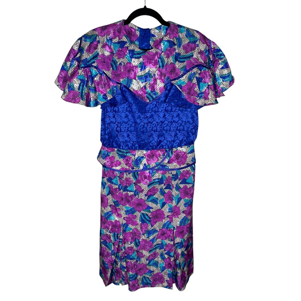 Vintage 80s Blue Shimmer Floral Purple Peplum Kick Pleat Collared Dress